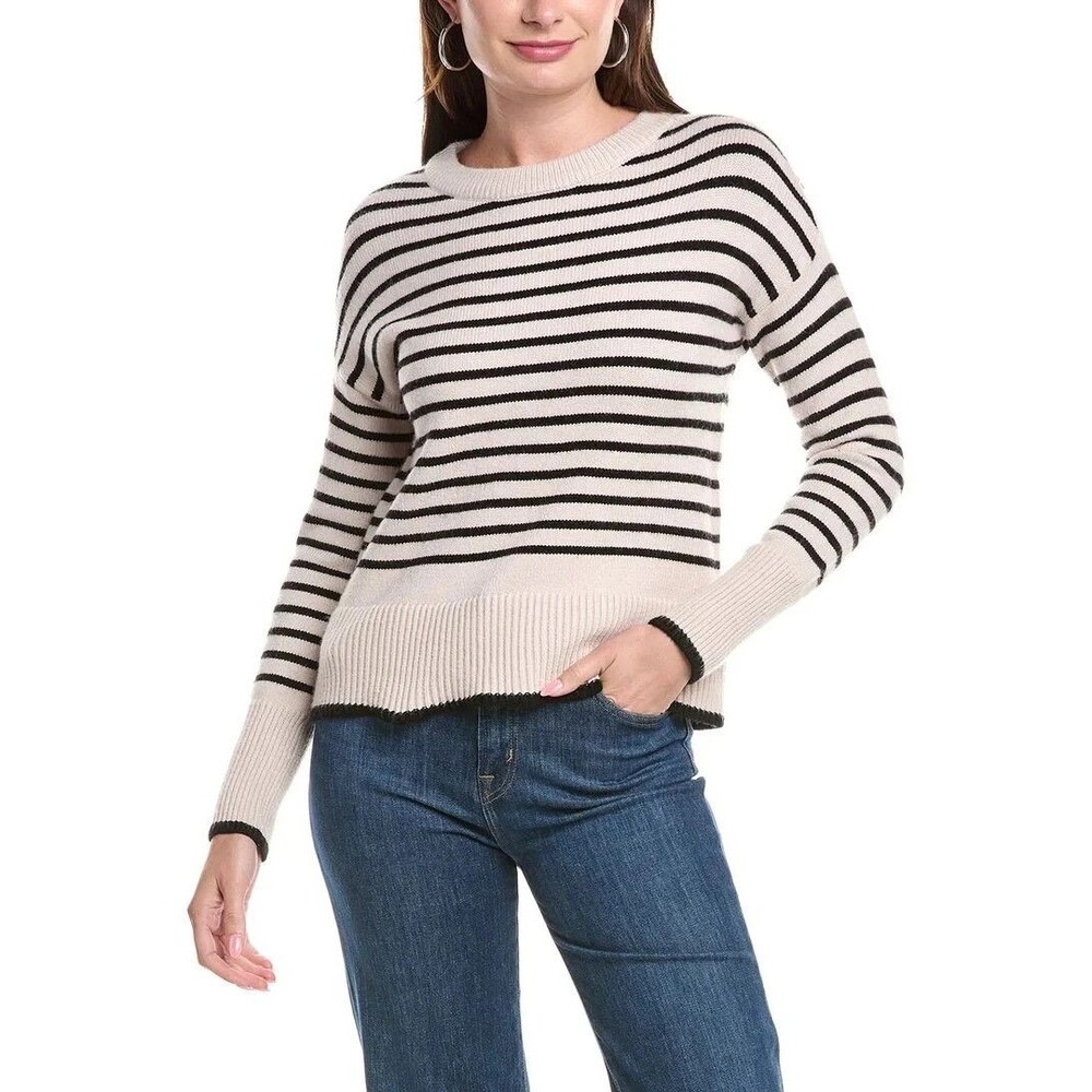 T Tahari Women's Striped Crewneck Sweater Pullover Top Black Sand Tan S